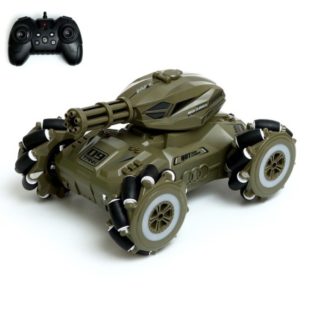 The radio -controlled “fighter” tank works on the battery, shoots hydrogel bullets, green color