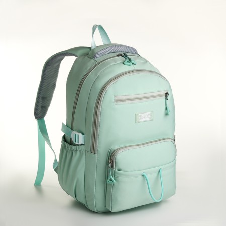 School backpack from textiles on lightning, 7 pockets, green color-2
