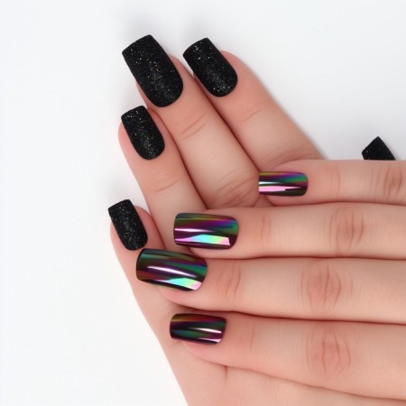 Falbled nails "Night", 12 pcs, with sparkles and holography, with adhesive plates, a soft square, black form-4