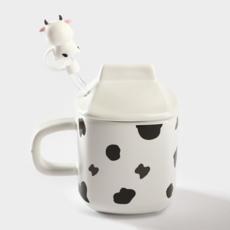 Ceramic mug with a Milk lid and tube, 350 ml, white and black color-2