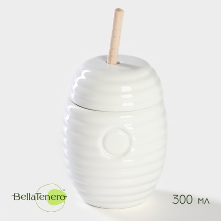 Porcelain capacity for honey with a spoon Bellatenero, 300 ml, white color