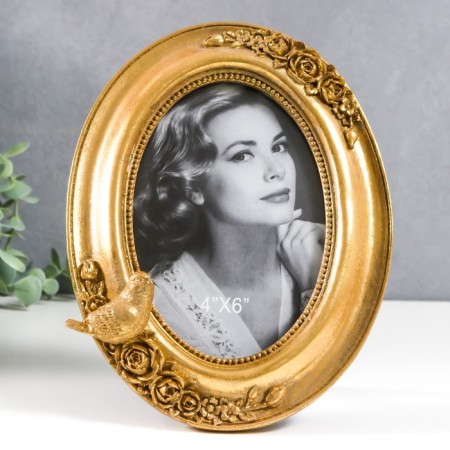 Photo frame Polystone 10x15 cm Oval "Golden Bird and Roses" gold 20x15.5 cm