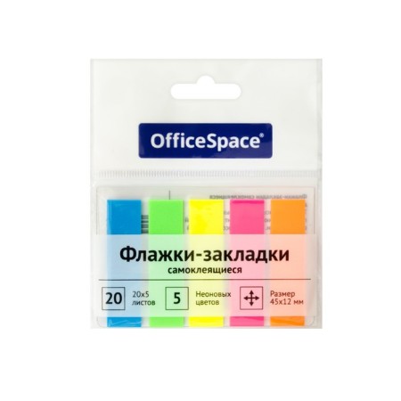 Bookmarks with adhesive edge are plastic, 12x45 mm, officePace, 100 sheets, 5 neon colors