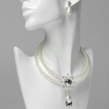 Set 2 objects: earrings, “lady” necklace 2 threads, sparkling drop, white color in silver, 45 cm