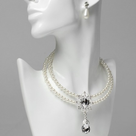 Set 2 objects: earrings, “lady” necklace 2 threads, sparkling drop, white color in silver, 45 cm