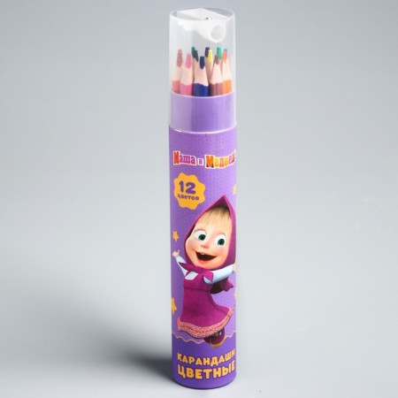 Pencils are colored, 12 colors, in a tube with a sharpener, Masha and the bear-1