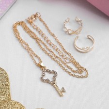 Set of children's “chosen” 3 subjects: pendant 40 cm, 2 rings, key, white color in gold