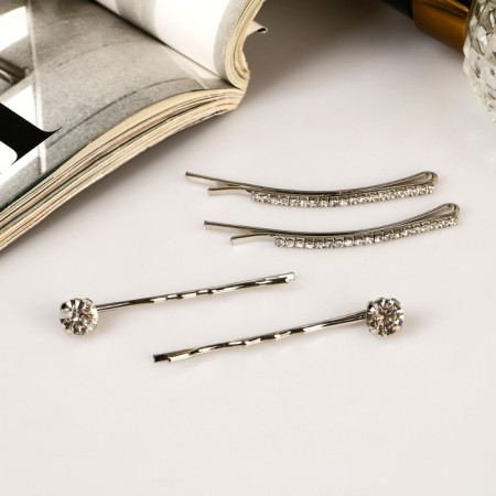 Invisibility for hair "Quarter" (set 4 pcs) Rhinestan path, 5 cm and 5.5 cm, silver