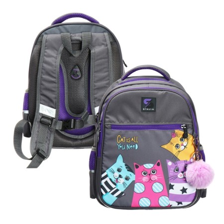 School backpack, 40 x 33 x 19 cm, ergonomic back, stavia "four cats", gray