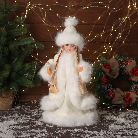 Snow Maiden "in a fluffy fur coat, with a flashlight" moves, with a backlight, 40x20 cm, milk