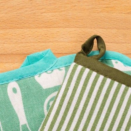 Set of shade, mittens+grabbit green strip/kitchen, 100%PE, mobbled 200 g/m-1