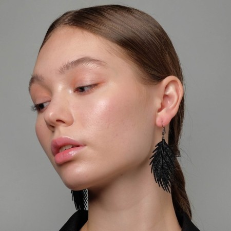 Earrings Metal "Fern" leaflet color black-3