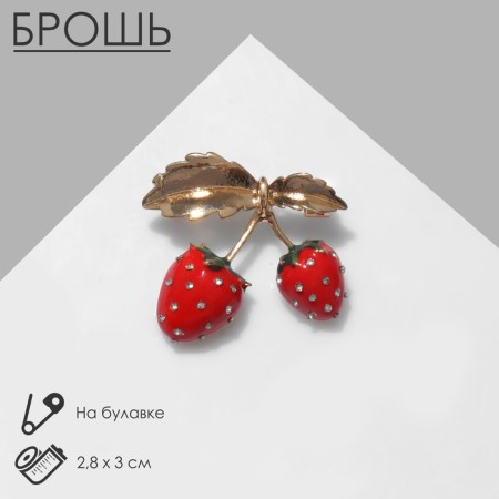 Brooch "Strawberries" on a twig, red color in gold