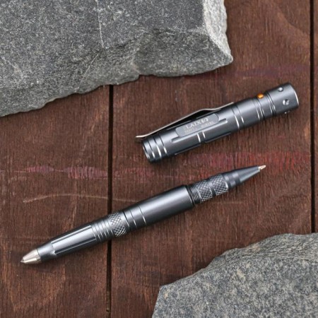 A glass-glass with a flashlight and a knife. Mix-3