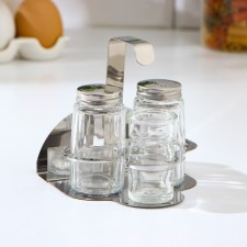A set of glass spices on a stand, 4 items: a solo, a lobby, a napkin, a tank capacity