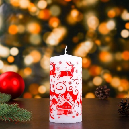 New Year's Candle-Cylinder "New Year's Patterns No. 1", 12.5x6 cm, 35 hours, 275 g, white with red