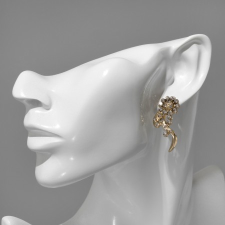 Earrings with rhinestones "flowers" bends, white color in gold-3