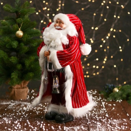 Santa Claus "in a striped fur coat, flashlight and gifts" 47 cm, white-red-3