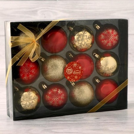 Set of balls Plastic D-6 cm, 12 pcs "Snow extravaganza Assortment Patterns" golden red-1