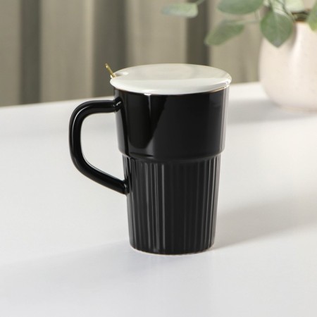 Ceramic mug with a lid and spoon Vintage, 350 ml, black color-2
