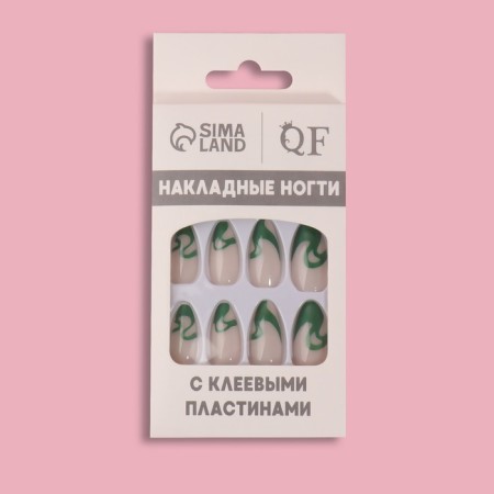Pattern overhead nails, 24 pcs, with adhesive plates, almond shape, milk/green color-9