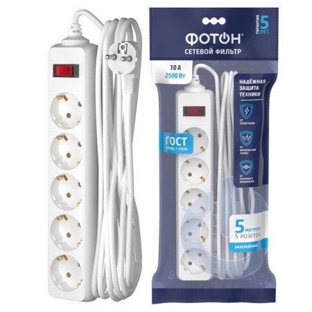 Network filter "Photon" SP 10-55ES, 5 m, 5 rosettes, 10 A, with an off, with salary, white-3