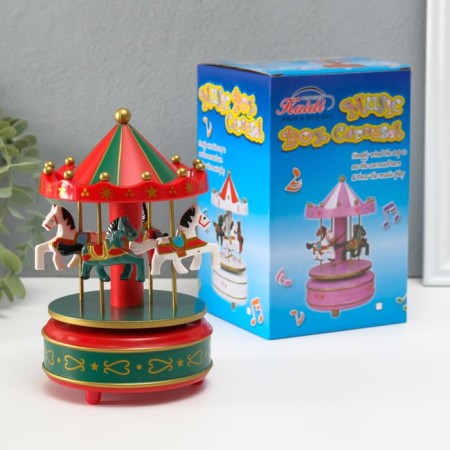 Souvenir Plastic Musical Mean. "Carousel - horses" green -red 10.5x10.5x17.5 cm-4