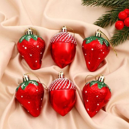 Christmas tree decoration "Strawberry Assorted" (set 6 pcs) 4.5x6 cm, red
