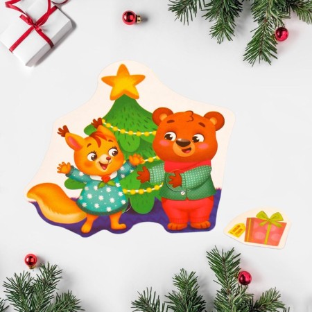 Congratulatory card "Happy New Year!" Bear and Squirrel, 9 x 9 cm, New Year-2