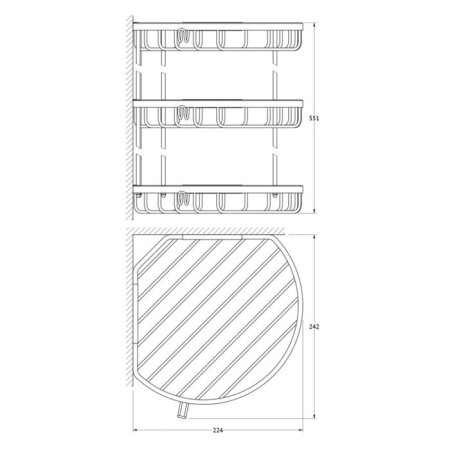 Corner-cutting shelf with hooks, three-tier, size 26 x 26 x 26 cm, chrome-1