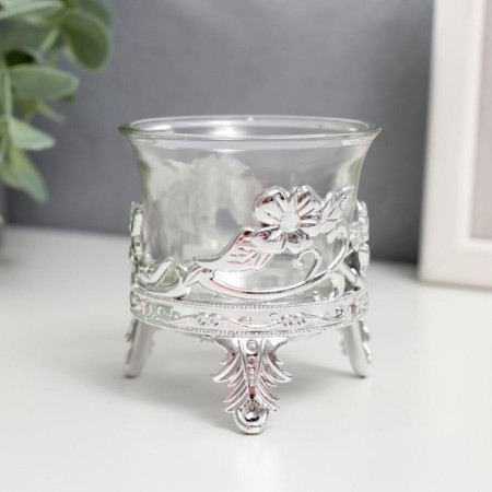 Glass candlestick, 1 candle "Flower" silver 6.5x6x6 cm-2