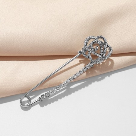 Pin "Rose Flower", 7.5 cm, white color in silver-4