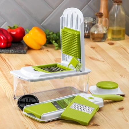 Vegetable engine - Shinkovka with interchangeable nozzles and a shares container, 6 nozzles, 14 × 12.5 × 38.1 cm, white, green color-1