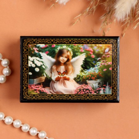 Casket "Angel with a butterfly", black, 6 × 9 cm, lacquer miniature-2