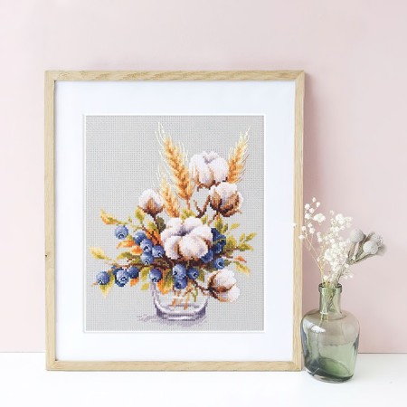Cross embroidery “Cotton and blueberries”, 18 × 23 cm-1