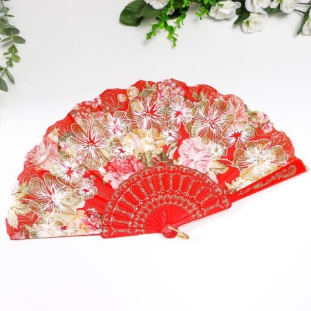 Fan plastic, textiles "Flower paradise" wide blades, sparkles mix 23 cm