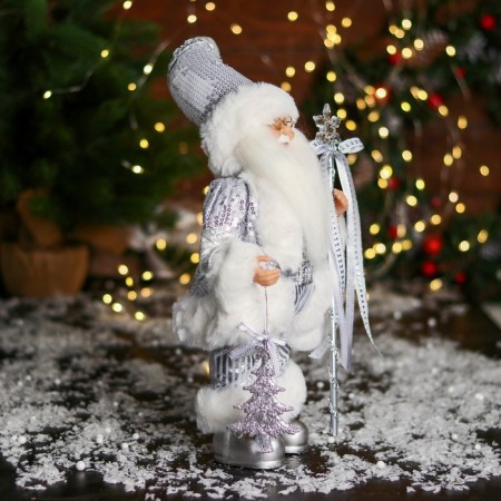 Santa Claus "with a Christmas tree and with a staff with a bow" 33 cm, silver-1