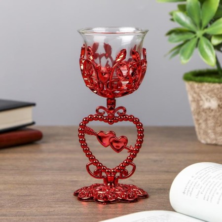 Climber Plastic, glass on 1 candle "Triple Heart" glass on the leg red 15x6.3x6.3cm