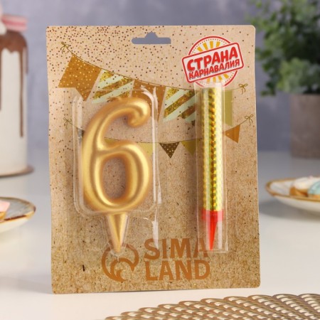 Set a candle for a cake digit 6 giant, gold, with a fountain, 9.5 cm-1