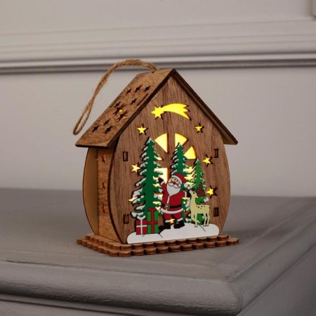 Christmas tree toy "House with Santa Claus and Christmas tree", from batteries, glow warm white-2