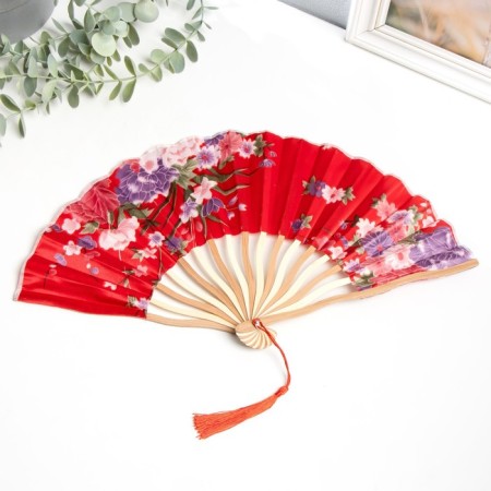 Fan bamboo, textiles h = 21 cm bend, with a brush "flowers" in a box, red-1