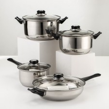 A set of stainless steel dishes “Black Night”, 8 objects: Bucket 1.5 l, 2 pots 2/3 l, pan D = 24 cm, covers, walls 0.3 mm, bottom 5 mm