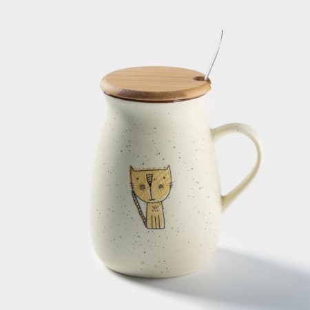 Ceramic mug with a wooden lid and spoon "Patty", 350 ml, MIX drawing-7