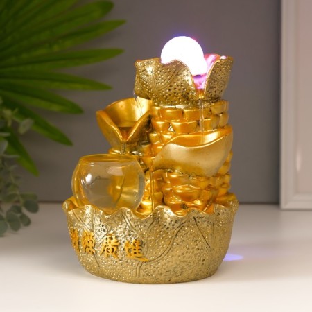 The desktop fountain from the network, the backlight "Gold leaves and ingots" gold 21x15x12 cm-2