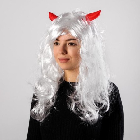 Carnival wig with red horns, white color, 130 g
