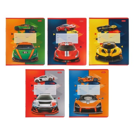 Notebook 12 sheets, in a large cage "Powerful and Fast", cover coated cardboard, rounded corners, OFSET block 65g/m2, 5 types, 5V, mix