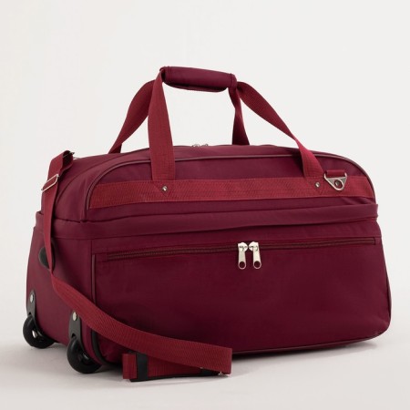 Road bag on wheels, a lightning department, with an increase, an outer pocket, a long belt, burgundy color