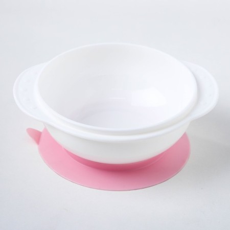 Set for feeding, 3 items: a bowl on a suction cup 400 ml, cover, spoon, pink sucker color, chick lid color-4