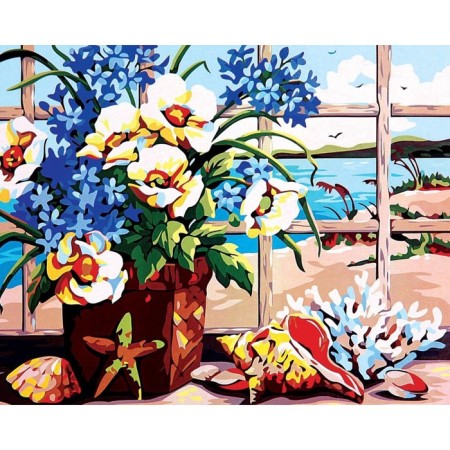 Diamond mosaic with a complete filling on the subframe "Flowers at the window", 40 × 50 cm-1