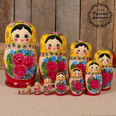 Matryoshka "Semenovskaya", yellow scarf, 12 puppet, higher category